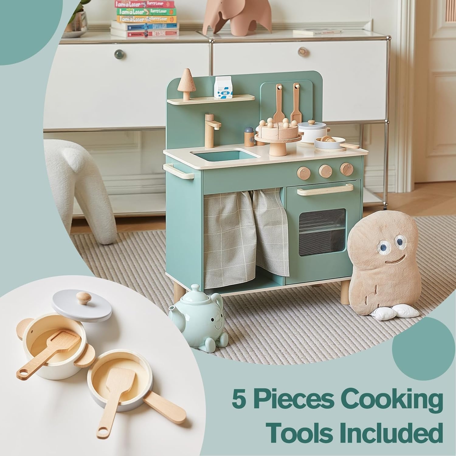Giant Bean Kinderkeuken van Hout met Wasbak, Oven en Accessoires - Groen