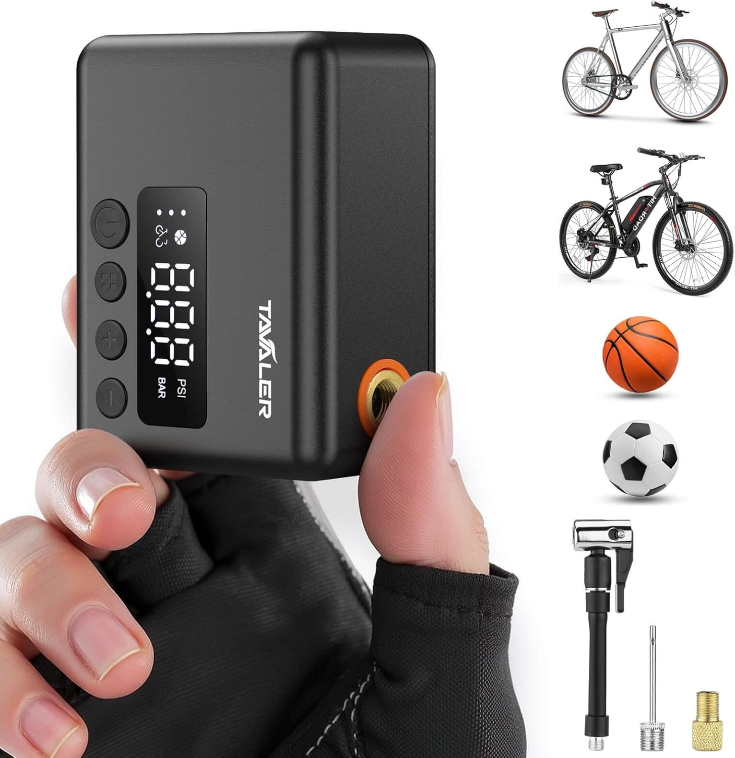 Tavaler Mini-fietspomp, elektrisch, elektrische fietspomp, accu met manometer, 130 psi mini-compressor voor racefiets, e-bike, mountainbike, stadsfiets