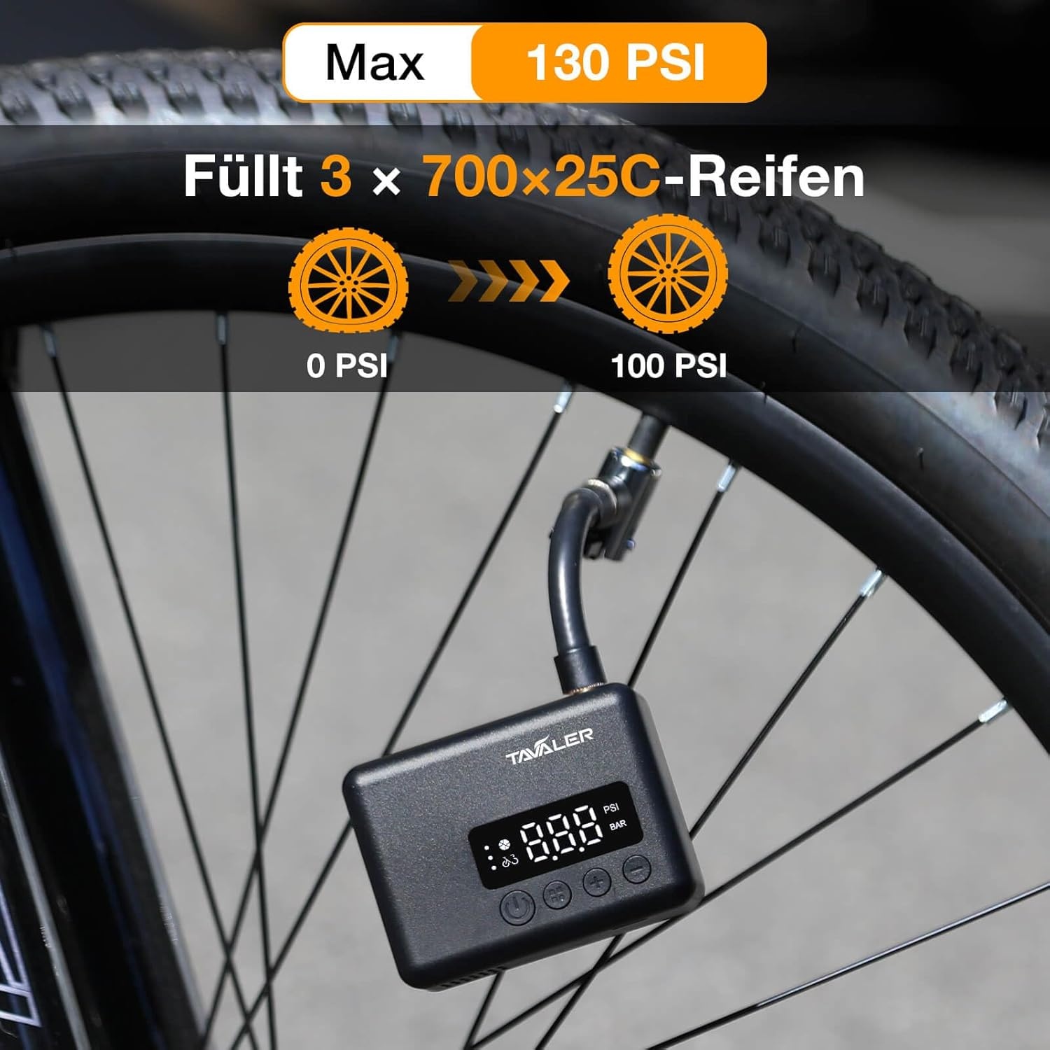 Tavaler Mini-fietspomp, elektrisch, elektrische fietspomp, accu met manometer, 130 psi mini-compressor voor racefiets, e-bike, mountainbike, stadsfiets