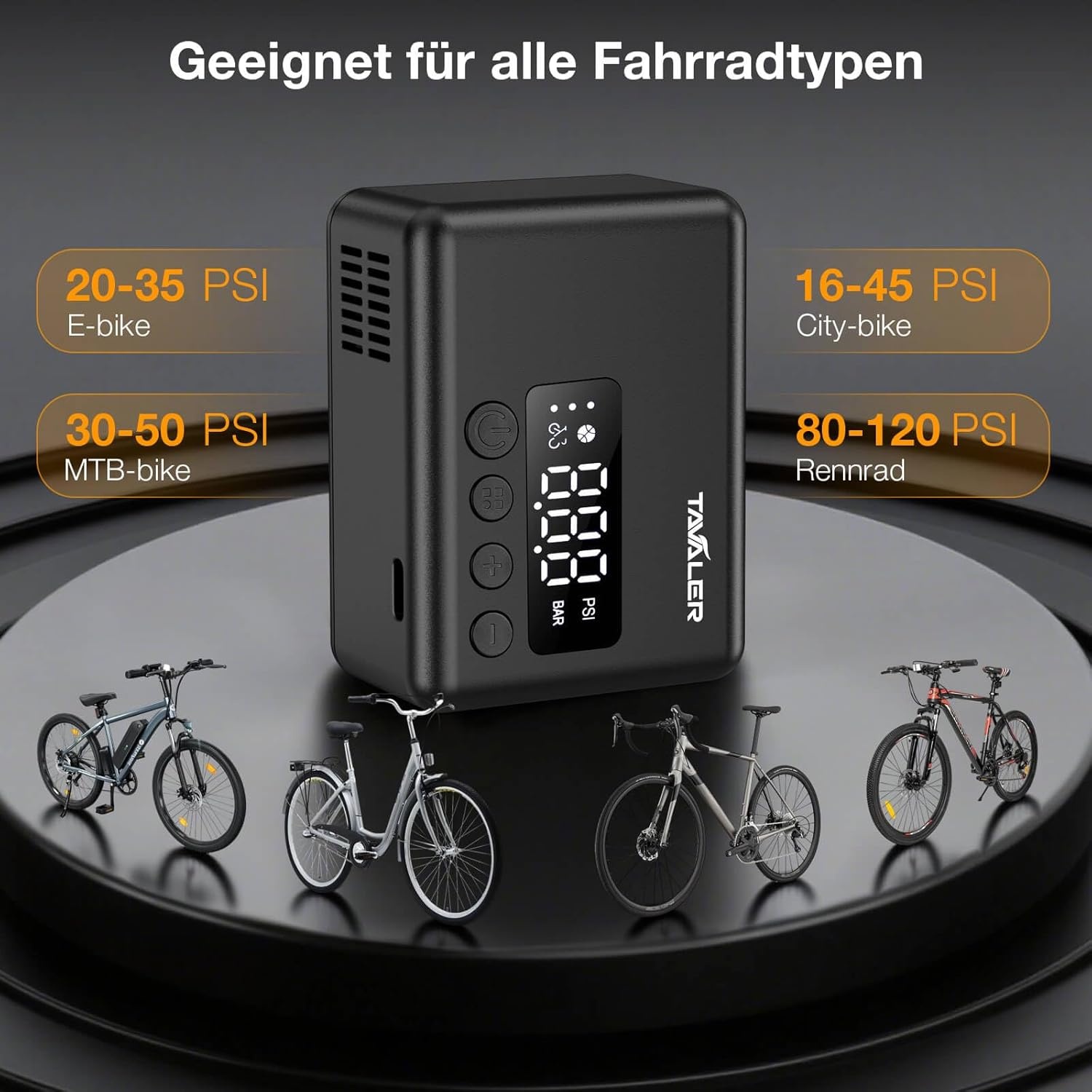 Tavaler Mini-fietspomp, elektrisch, elektrische fietspomp, accu met manometer, 130 psi mini-compressor voor racefiets, e-bike, mountainbike, stadsfiets
