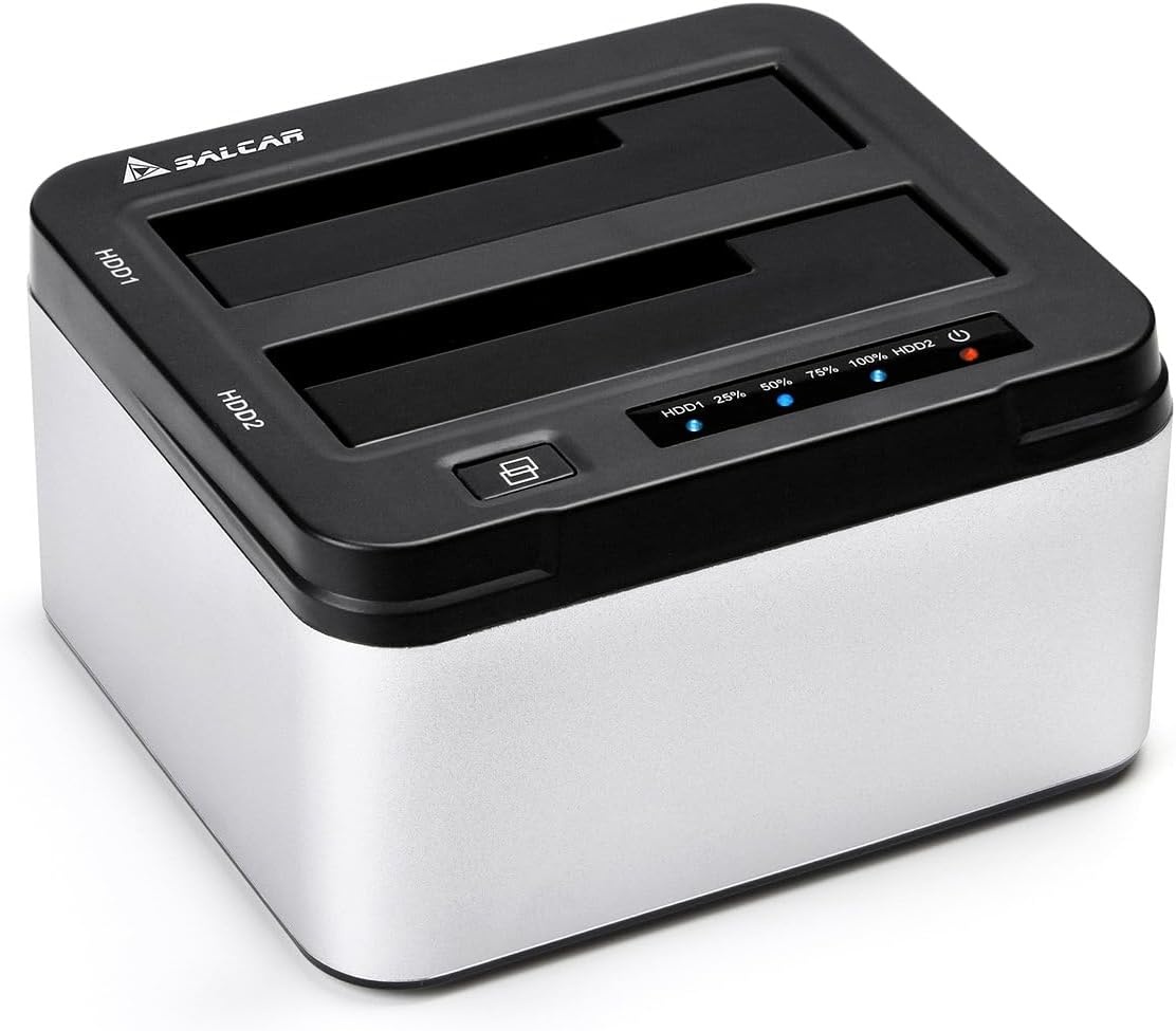 Salcar USB 3.0 Offline Klon docking station met 2 sleuven, geoptimaliseerd voor HDD/SSD harde schijf, 2,5 en 3,5 inch (SATA III, inclusief USB 3.0 kabel en 12V 3A voeding, ondersteunt 2 x 8 TB (zilver)