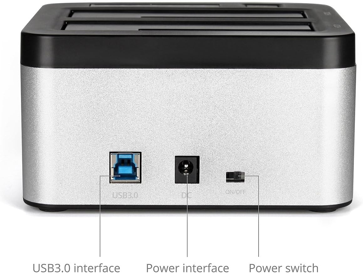 Salcar USB 3.0 Offline Klon docking station met 2 sleuven, geoptimaliseerd voor HDD/SSD harde schijf, 2,5 en 3,5 inch (SATA III, inclusief USB 3.0 kabel en 12V 3A voeding, ondersteunt 2 x 8 TB (zilver)