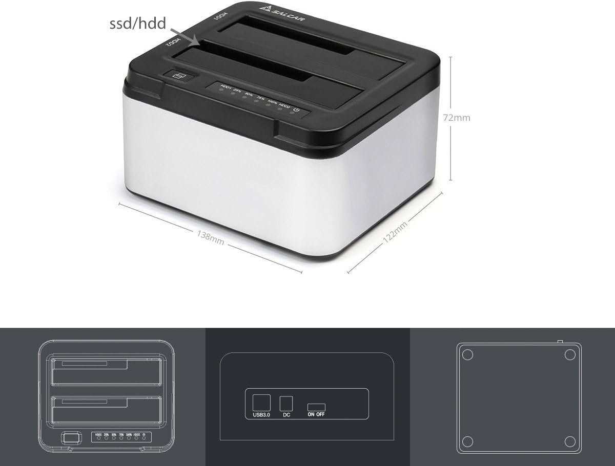 Salcar USB 3.0 Offline Klon docking station met 2 sleuven, geoptimaliseerd voor HDD/SSD harde schijf, 2,5 en 3,5 inch (SATA III, inclusief USB 3.0 kabel en 12V 3A voeding, ondersteunt 2 x 8 TB (zilver)