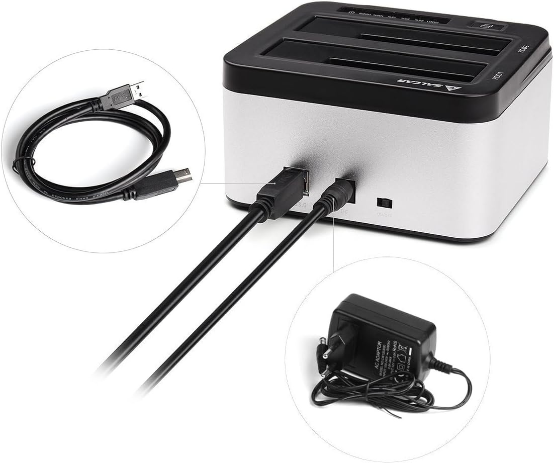 Salcar USB 3.0 Offline Klon docking station met 2 sleuven, geoptimaliseerd voor HDD/SSD harde schijf, 2,5 en 3,5 inch (SATA III, inclusief USB 3.0 kabel en 12V 3A voeding, ondersteunt 2 x 8 TB (zilver)