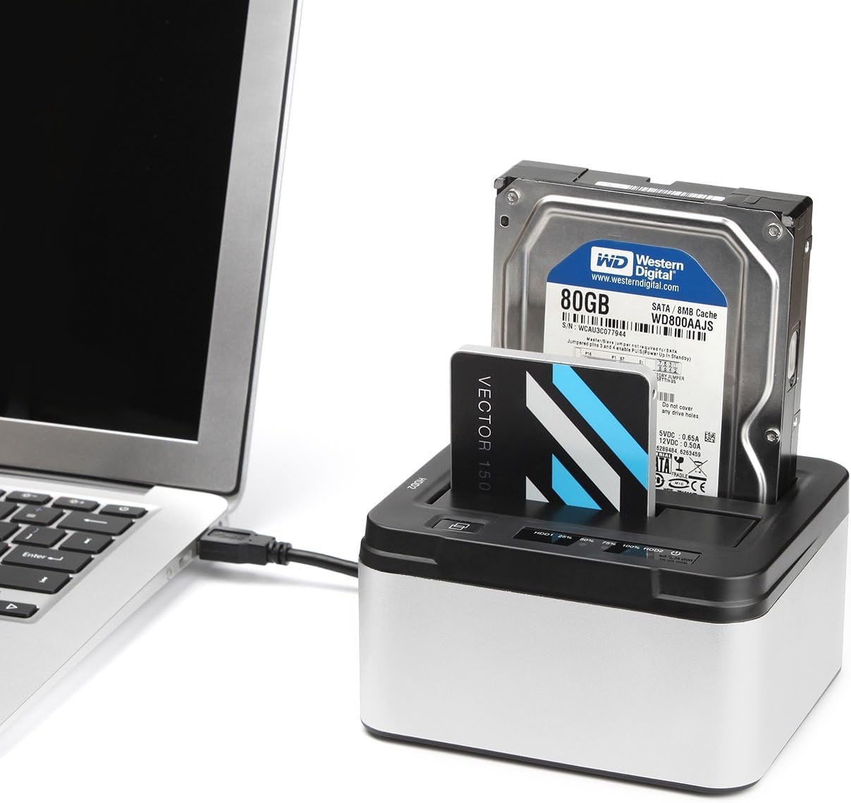 Salcar USB 3.0 Offline Klon docking station met 2 sleuven, geoptimaliseerd voor HDD/SSD harde schijf, 2,5 en 3,5 inch (SATA III, inclusief USB 3.0 kabel en 12V 3A voeding, ondersteunt 2 x 8 TB (zilver)