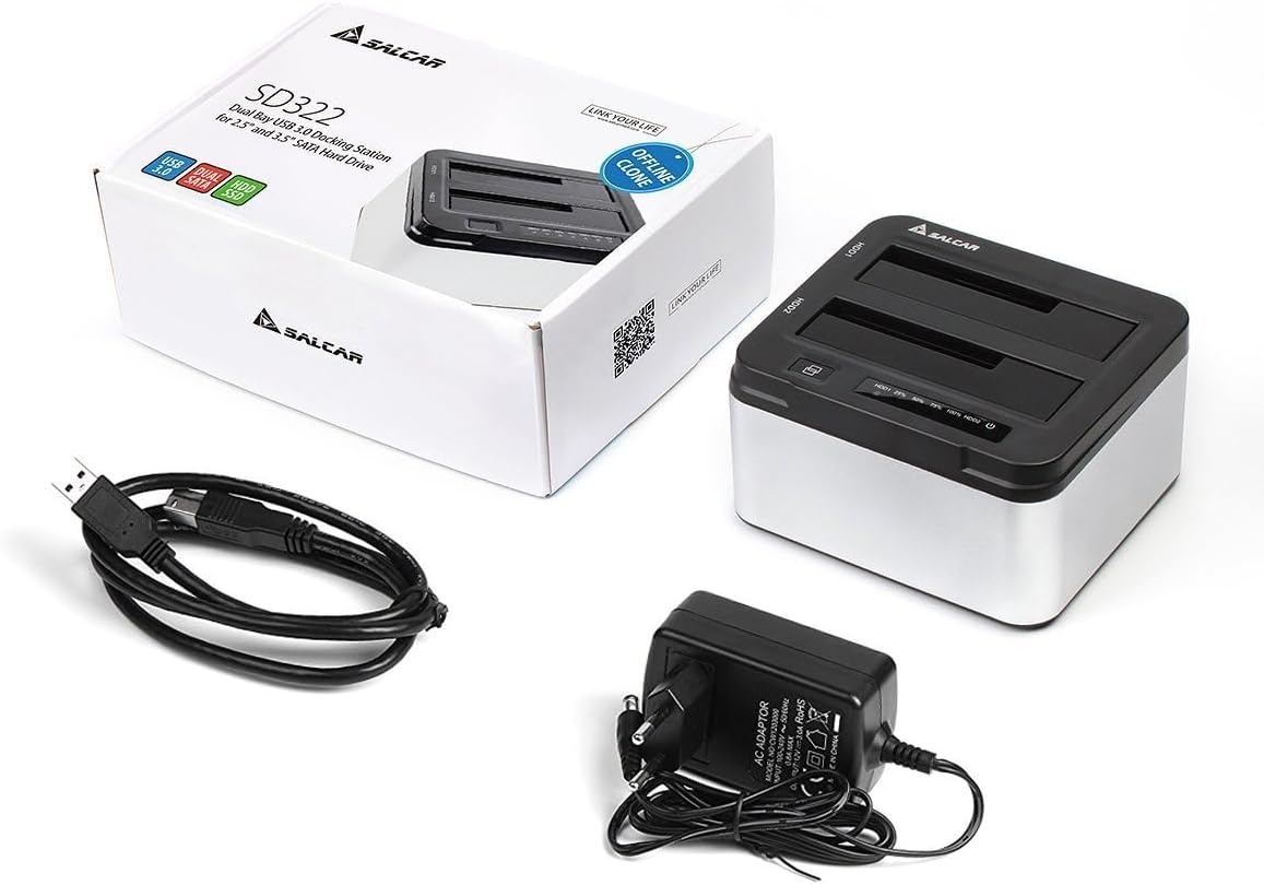 Salcar USB 3.0 Offline Klon docking station met 2 sleuven, geoptimaliseerd voor HDD/SSD harde schijf, 2,5 en 3,5 inch (SATA III, inclusief USB 3.0 kabel en 12V 3A voeding, ondersteunt 2 x 8 TB (zilver)