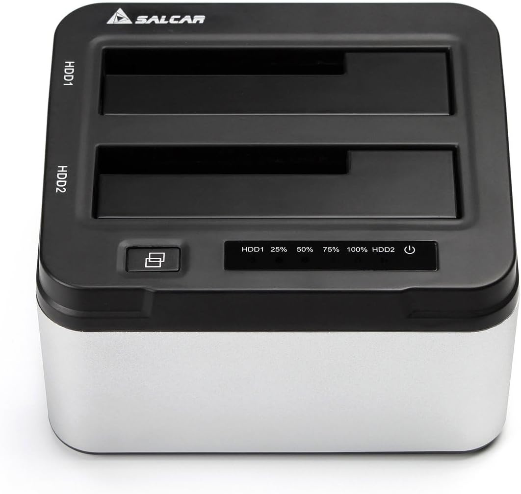 Salcar USB 3.0 Offline Klon docking station met 2 sleuven, geoptimaliseerd voor HDD/SSD harde schijf, 2,5 en 3,5 inch (SATA III, inclusief USB 3.0 kabel en 12V 3A voeding, ondersteunt 2 x 8 TB (zilver)