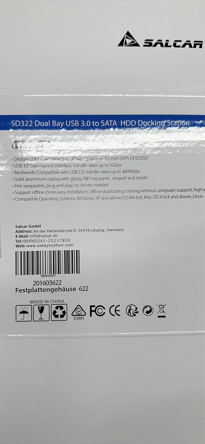 Salcar USB 3.0 Offline Klon docking station met 2 sleuven, geoptimaliseerd voor HDD/SSD harde schijf, 2,5 en 3,5 inch (SATA III, inclusief USB 3.0 kabel en 12V 3A voeding, ondersteunt 2 x 8 TB (zilver)