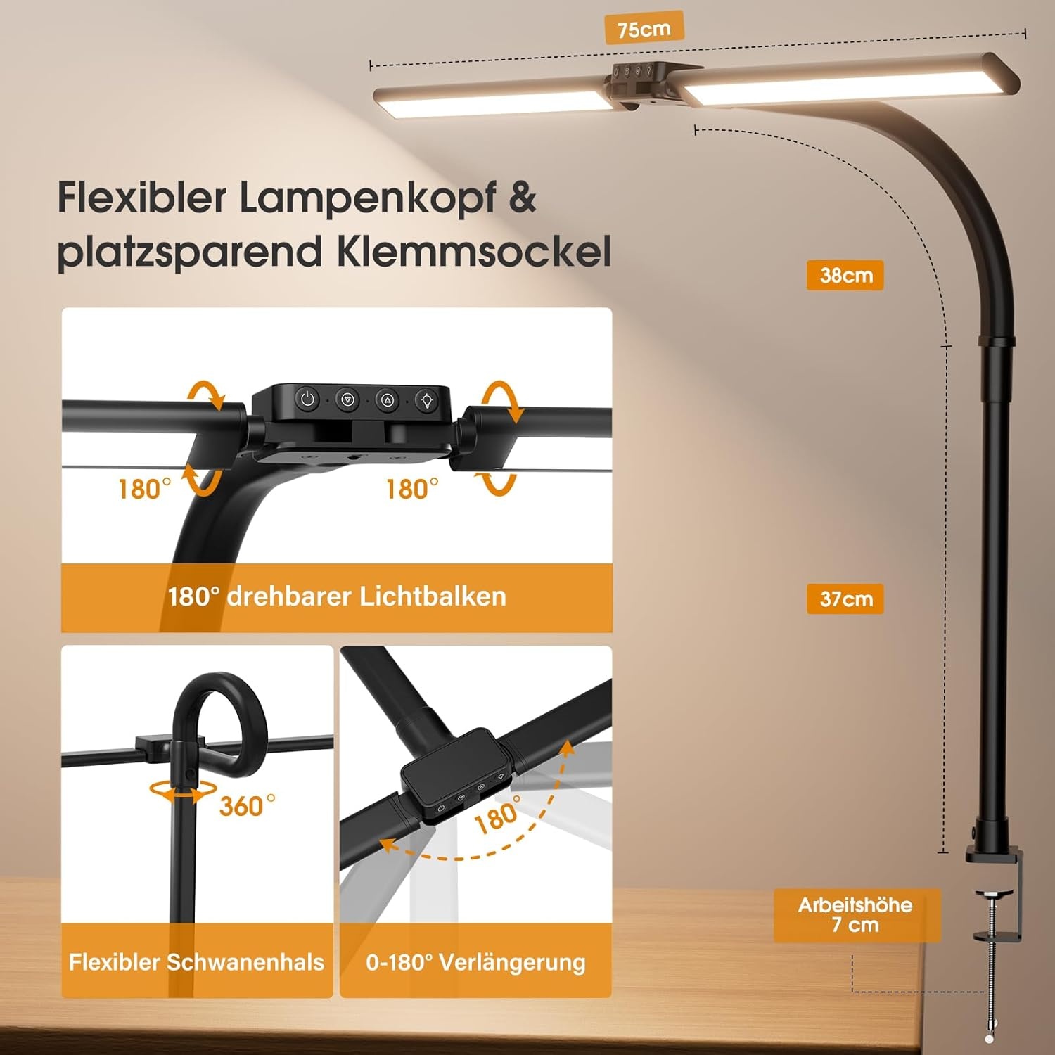 SIBRILLE Bureaulamp, led, dubbele kop, bureaulamp, dimbaar, klembaar, bureaulamp voor kantoor, oogbescherming, monitorlamp, daglichtlamp, pc-lamp, tafellamp met zwanenhals, zwart