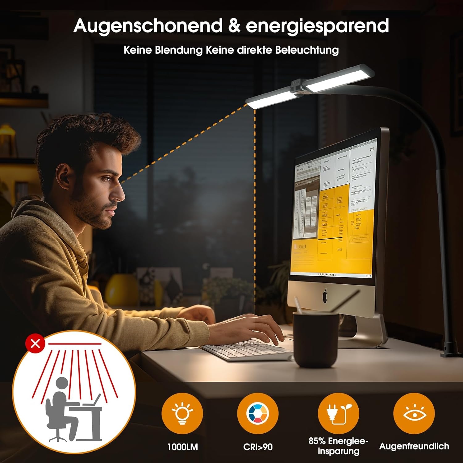 SIBRILLE Bureaulamp, led, dubbele kop, bureaulamp, dimbaar, klembaar, bureaulamp voor kantoor, oogbescherming, monitorlamp, daglichtlamp, pc-lamp, tafellamp met zwanenhals, zwart