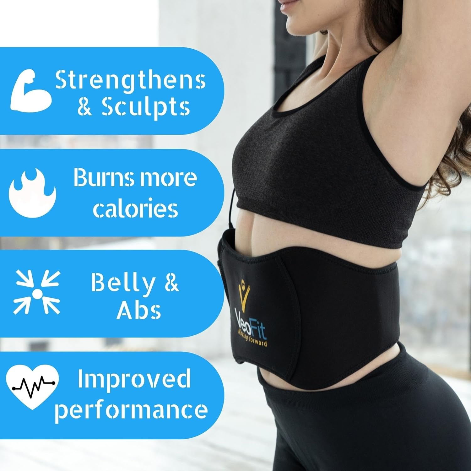 VEOFIT Buikriem, elektrostimulatie en krachttraining, EMS, elektrostimulator, spier, buikspier, heren en dames, 10 programma's, 99 intensiteiten, draadloos, met gel, maximale maat 140 cm