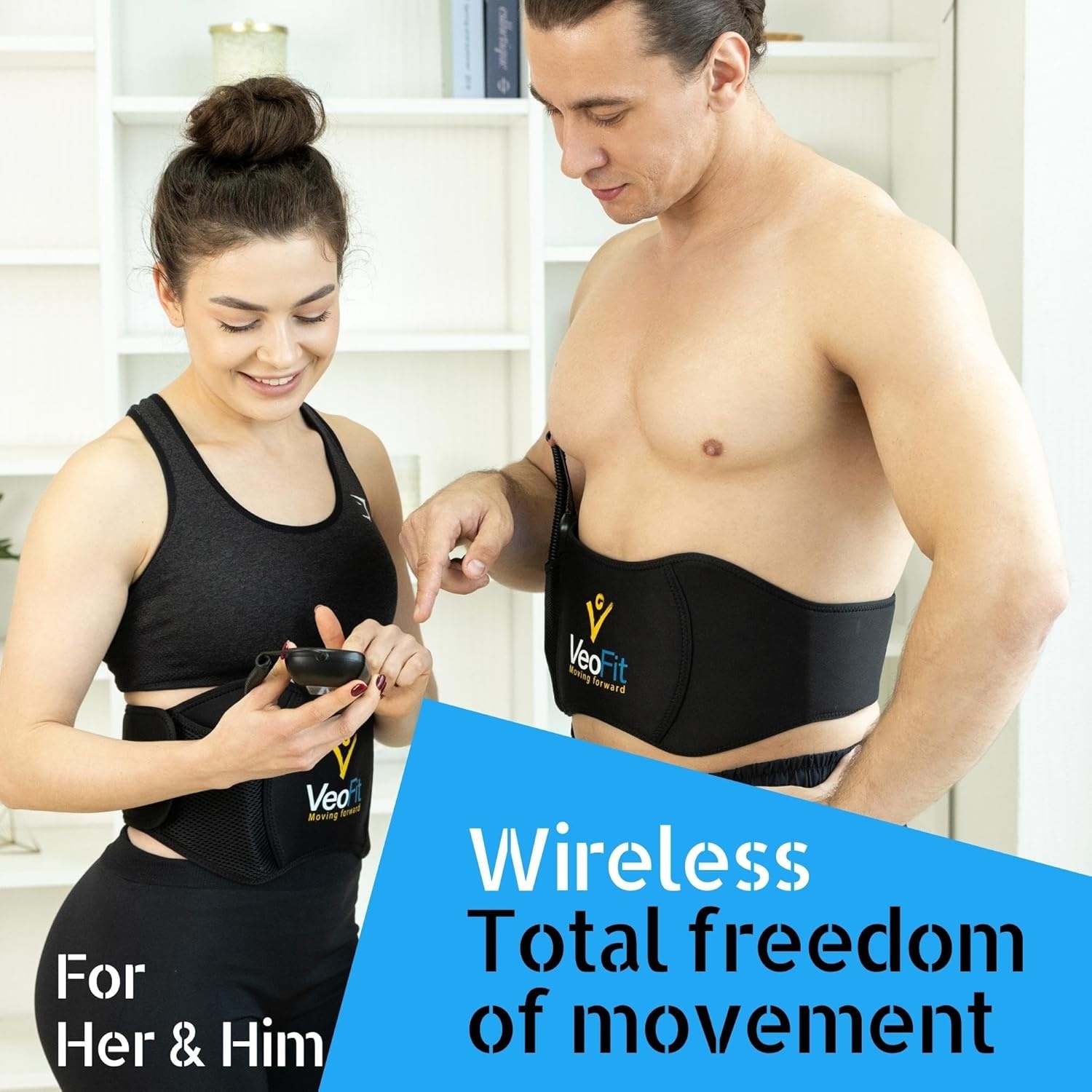 VEOFIT Buikriem, elektrostimulatie en krachttraining, EMS, elektrostimulator, spier, buikspier, heren en dames, 10 programma's, 99 intensiteiten, draadloos, met gel, maximale maat 140 cm