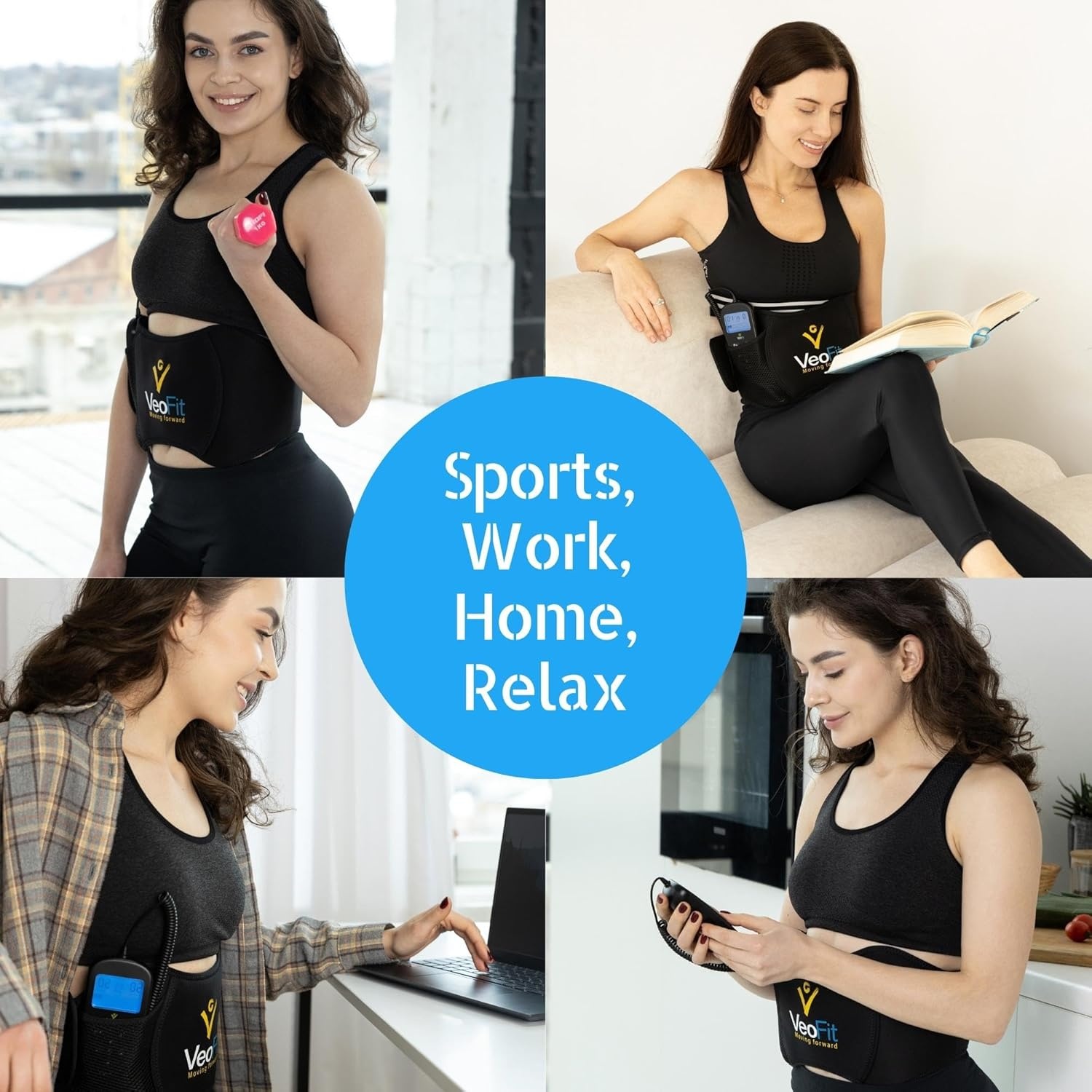 VEOFIT Buikriem, elektrostimulatie en krachttraining, EMS, elektrostimulator, spier, buikspier, heren en dames, 10 programma's, 99 intensiteiten, draadloos, met gel, maximale maat 140 cm