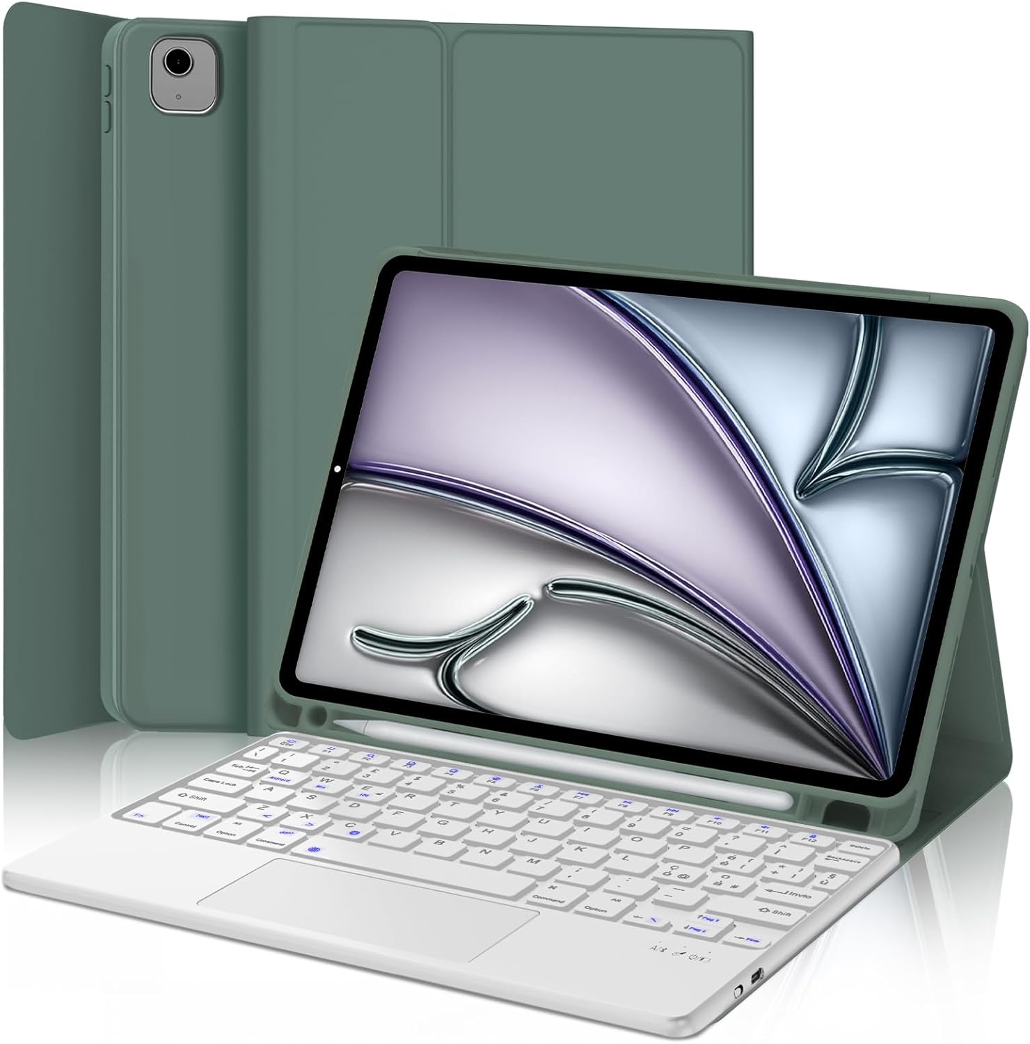 JADEMALL Toetsenbord met trackpad voor iPad Air 6th 11 inch 2024 M2, Italiaans QWERTY afneembaar bluetooth-toetsenbord met touchpad voor iPad Air 11 2024, donkergroen