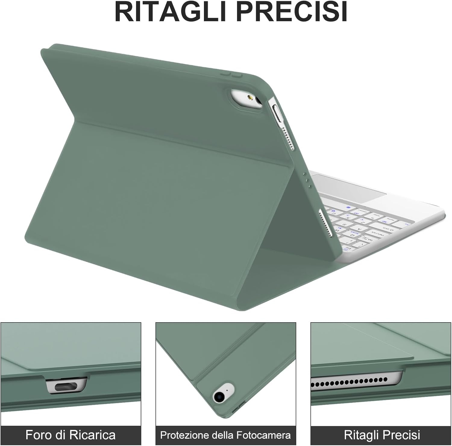 JADEMALL Toetsenbord met trackpad voor iPad Air 6th 11 inch 2024 M2, Italiaans QWERTY afneembaar bluetooth-toetsenbord met touchpad voor iPad Air 11 2024, donkergroen