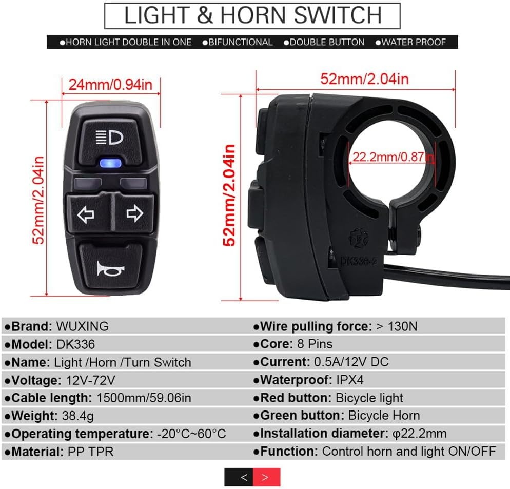 Set achterlichten en achterlichten voor elektrische fiets, 36 V, 48 V, 52 V, 60 V, met DK336 Light Horn Turning Switch E-Bike Light