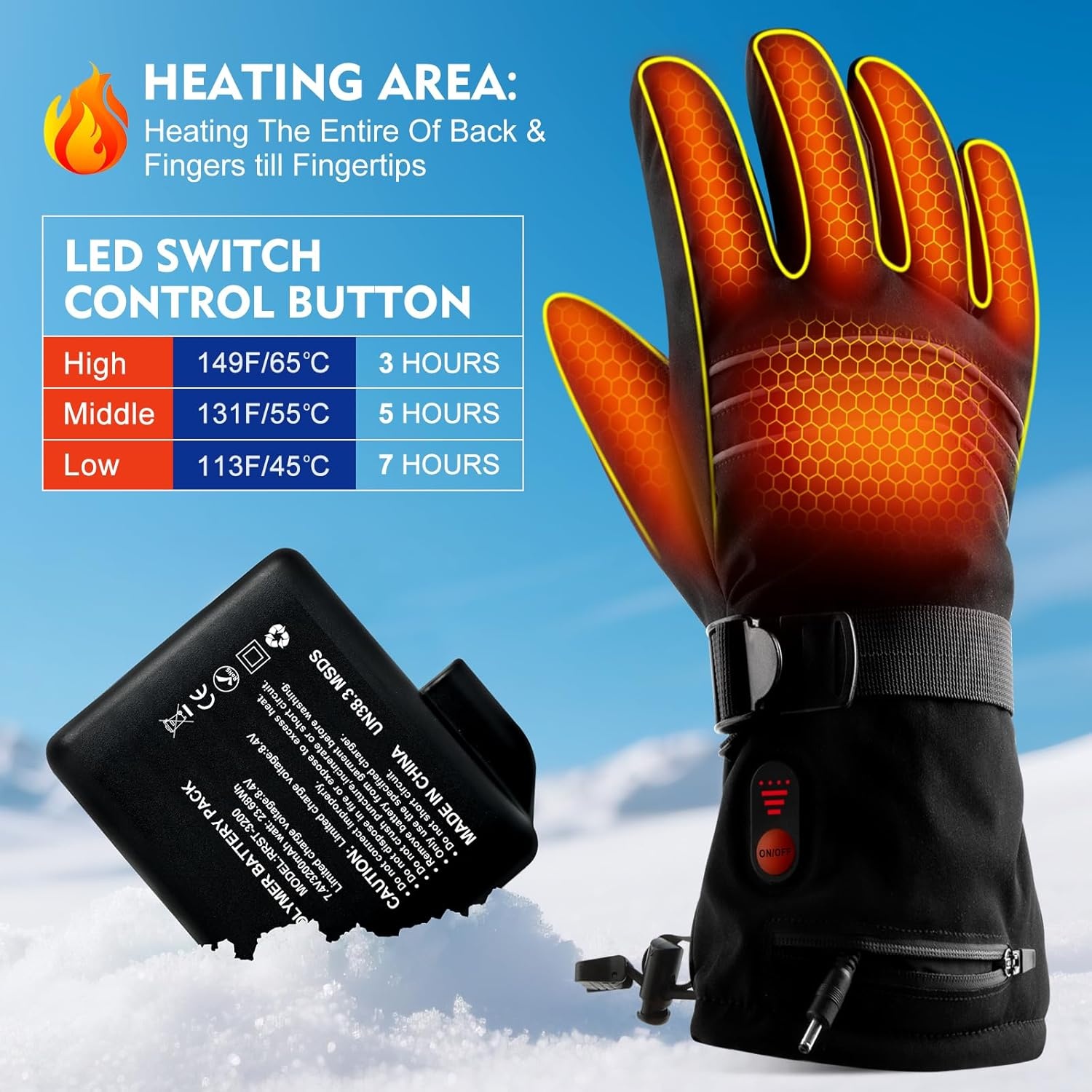 Verwarmde handschoenen voor mannen of vrouwen, 7,4 V, 3200 mAh, elektrische batterij, zelfverwarmende handschoenen voor wintersport