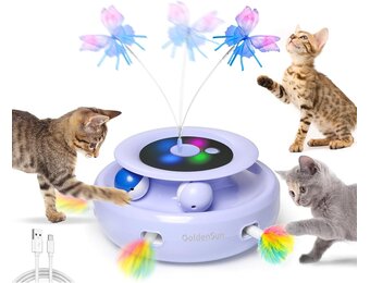 GoldenSun 3-in-1 Interactief Kattenspeelgoed, Elektrisch Automatisch Speelgoed voor Katten, Whack-A-Mole, Fluttering Butterfly, Inclusief Bal, USB-oplaadbaar, Kattenteaser met 6 Opzetstukken