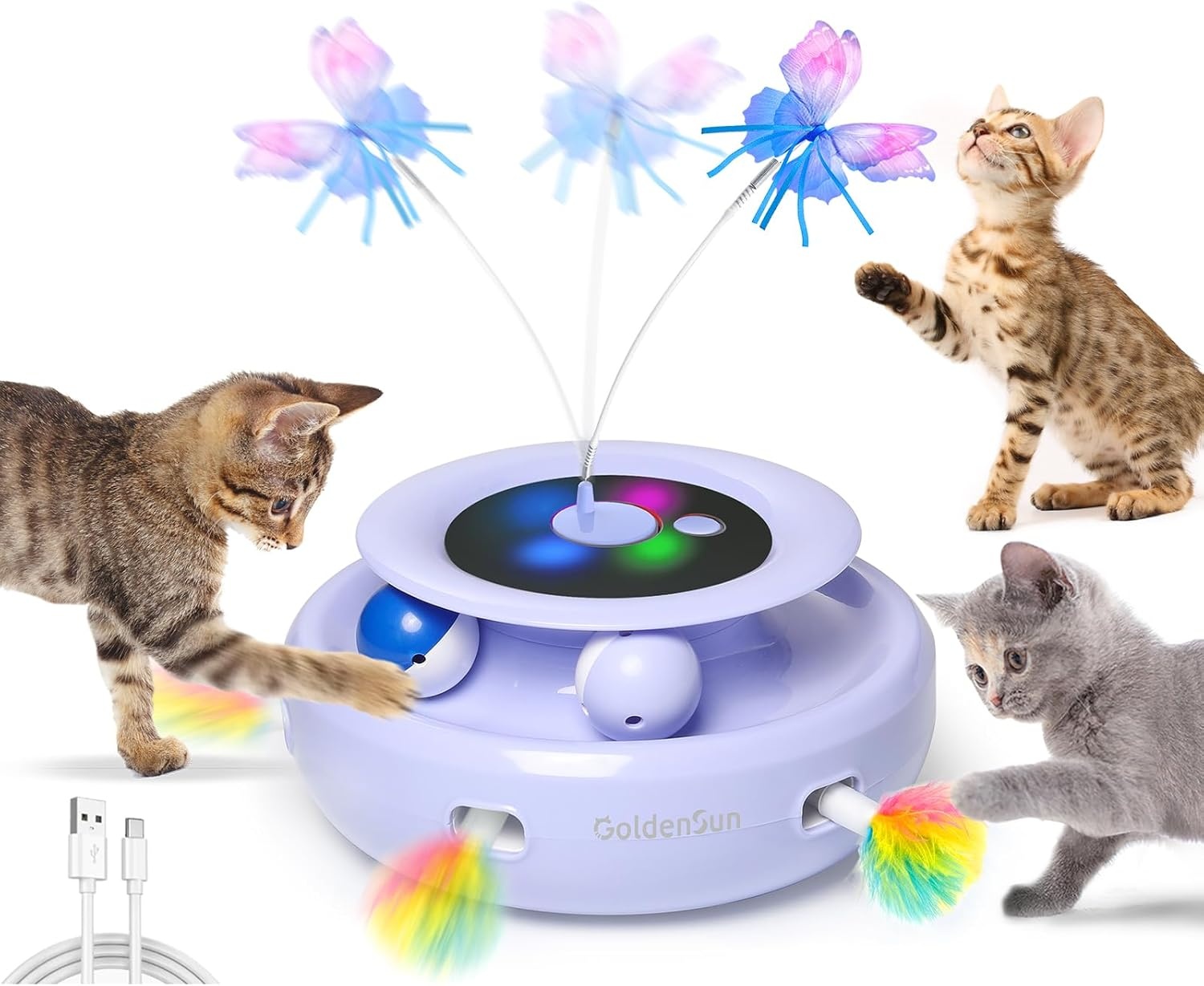 GoldenSun 3-in-1 Interactief Kattenspeelgoed, Elektrisch Automatisch Speelgoed voor Katten, Whack-A-Mole, Fluttering Butterfly, Inclusief Bal, USB-oplaadbaar, Kattenteaser met 6 Opzetstukken