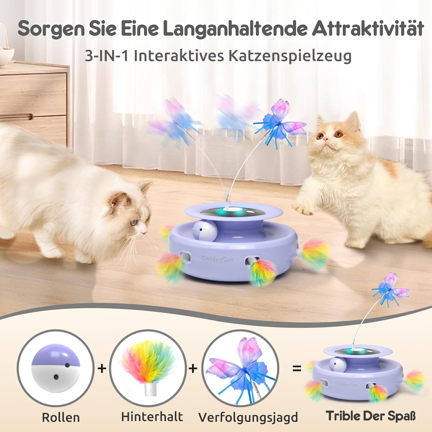 GoldenSun 3-in-1 Interactief Kattenspeelgoed, Elektrisch Automatisch Speelgoed voor Katten, Whack-A-Mole, Fluttering Butterfly, Inclusief Bal, USB-oplaadbaar, Kattenteaser met 6 Opzetstukken