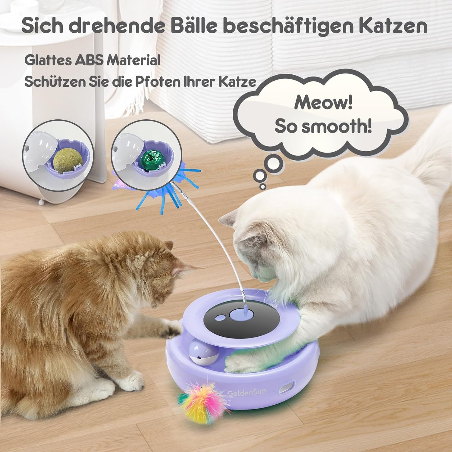 GoldenSun 3-in-1 Interactief Kattenspeelgoed, Elektrisch Automatisch Speelgoed voor Katten, Whack-A-Mole, Fluttering Butterfly, Inclusief Bal, USB-oplaadbaar, Kattenteaser met 6 Opzetstukken