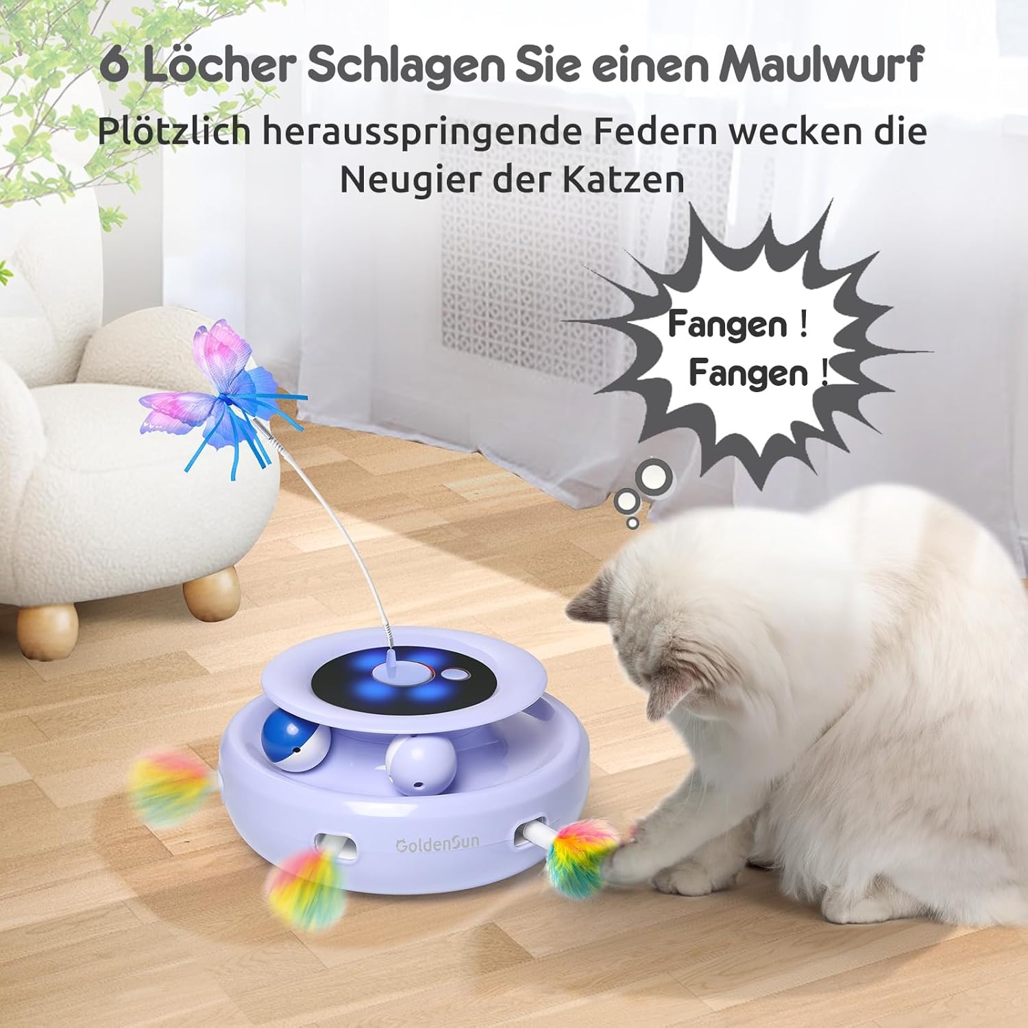 GoldenSun 3-in-1 Interactief Kattenspeelgoed, Elektrisch Automatisch Speelgoed voor Katten, Whack-A-Mole, Fluttering Butterfly, Inclusief Bal, USB-oplaadbaar, Kattenteaser met 6 Opzetstukken