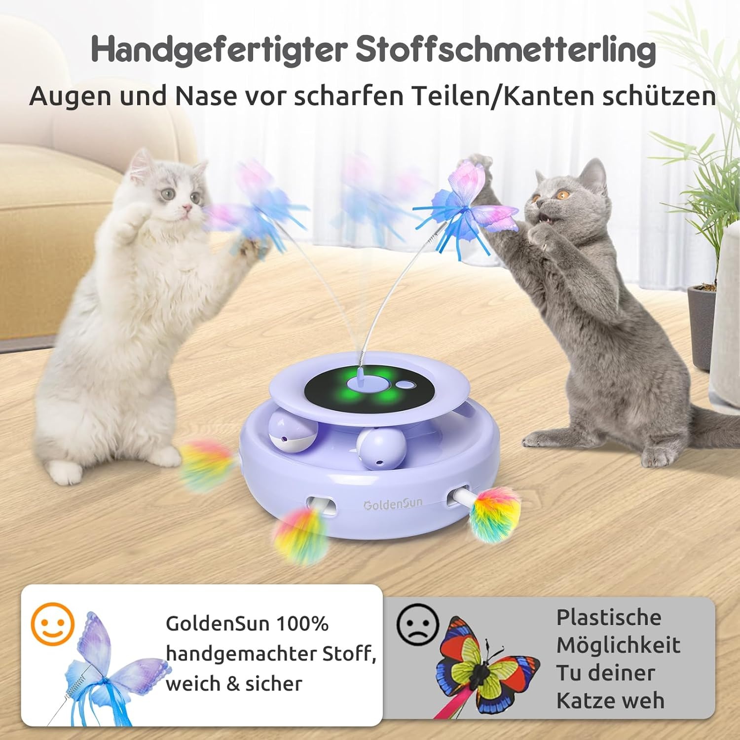 GoldenSun 3-in-1 Interactief Kattenspeelgoed, Elektrisch Automatisch Speelgoed voor Katten, Whack-A-Mole, Fluttering Butterfly, Inclusief Bal, USB-oplaadbaar, Kattenteaser met 6 Opzetstukken