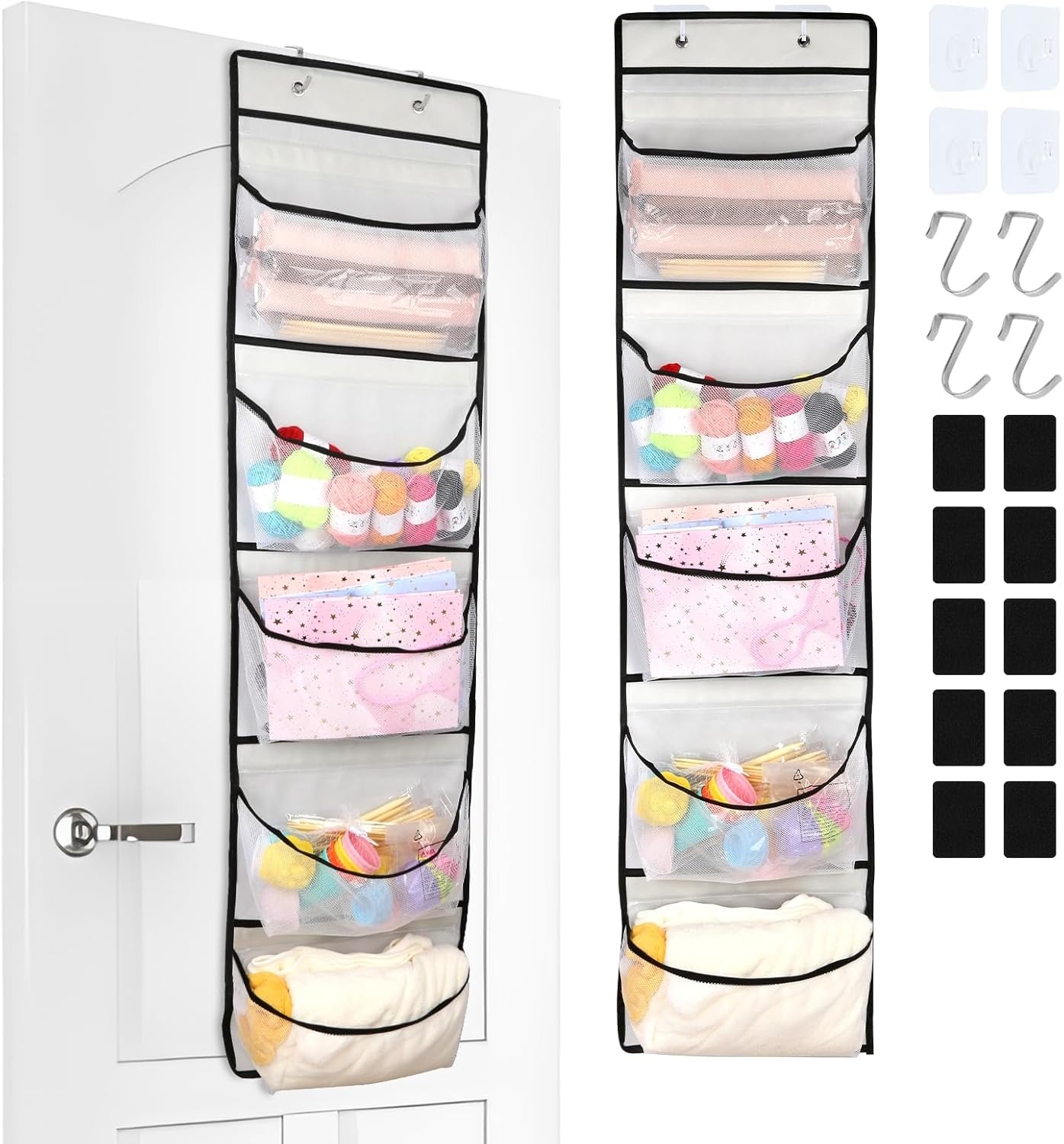 Hangrek, 2 stuks hangorganizer met 10 stuks klittenbandsluiting, 4 stuks kleefhaken en 4 stuks S-haken, deurorganizer voor slaapkamer, badkamer en kantoor