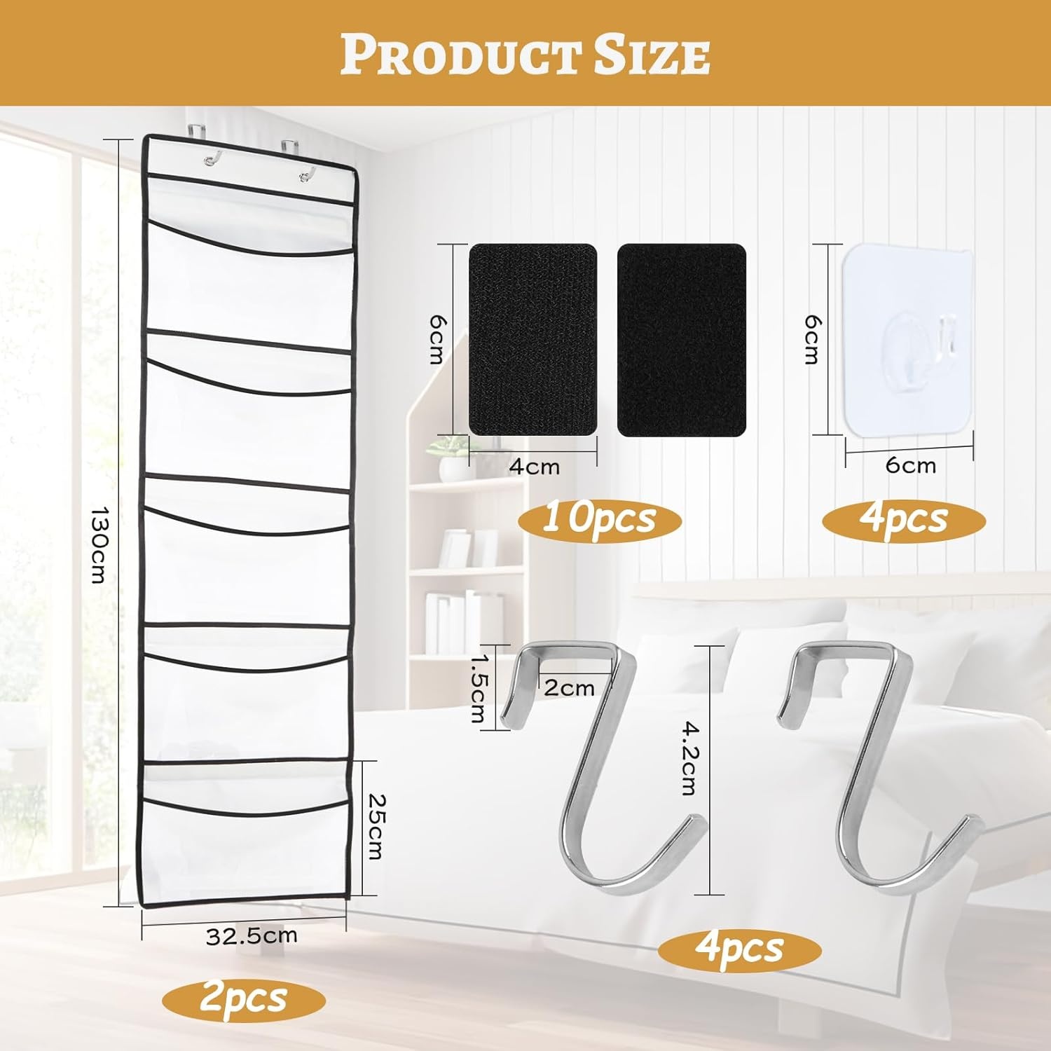 Hangrek, 2 stuks hangorganizer met 10 stuks klittenbandsluiting, 4 stuks kleefhaken en 4 stuks S-haken, deurorganizer voor slaapkamer, badkamer en kantoor