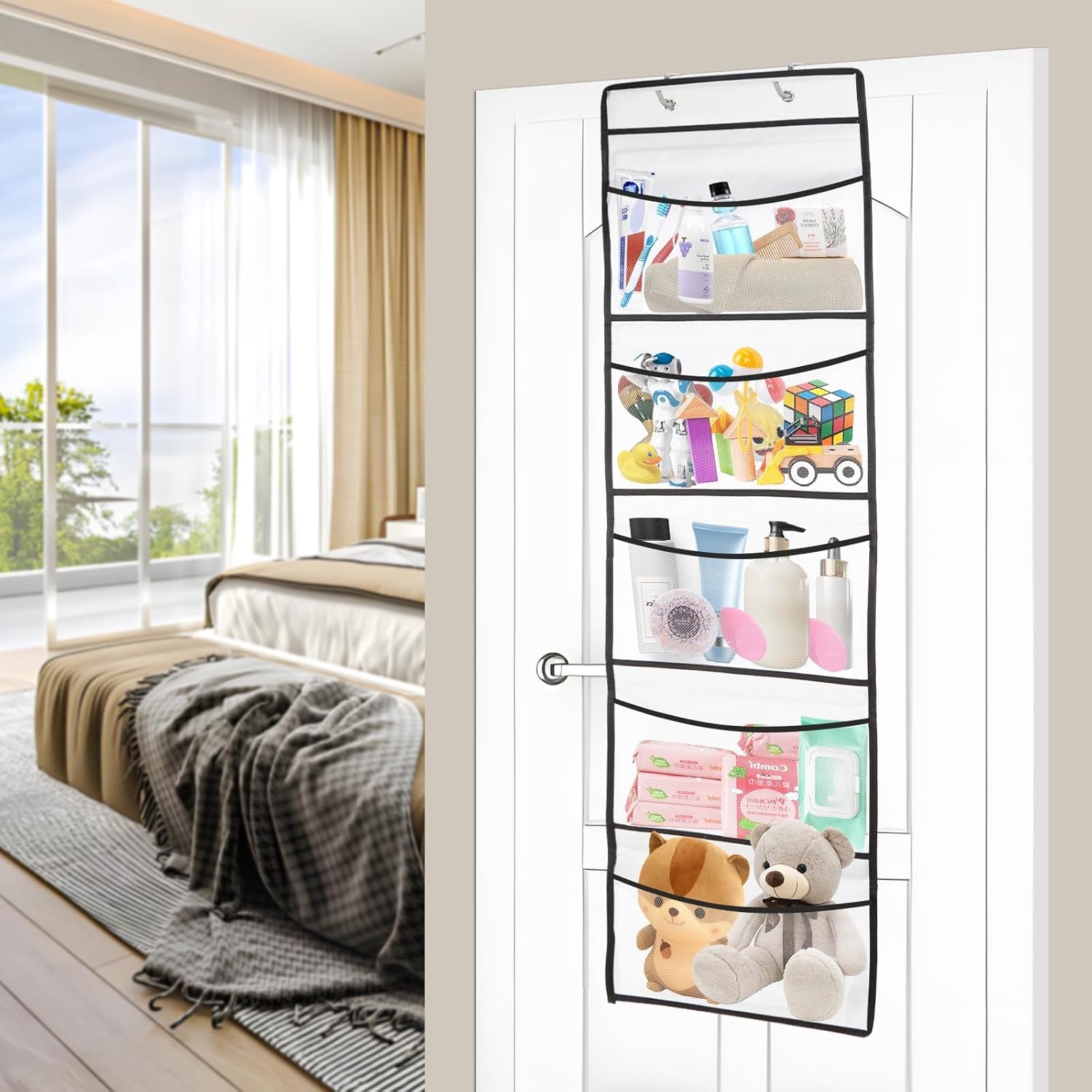 Hangrek, 2 stuks hangorganizer met 10 stuks klittenbandsluiting, 4 stuks kleefhaken en 4 stuks S-haken, deurorganizer voor slaapkamer, badkamer en kantoor