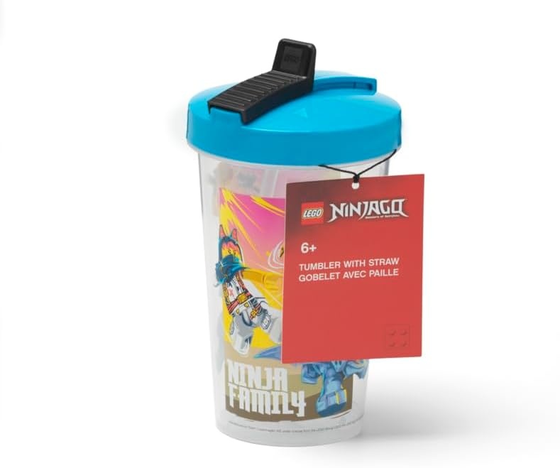 Room Copenhagen LEGO Beker met rietje, leuke en functionele hydratatie voor kinderen, herbruikbaar, geïsoleerde beker met rietje, deksel en Lego Ninjago-afbeeldingen, transparant/azuur