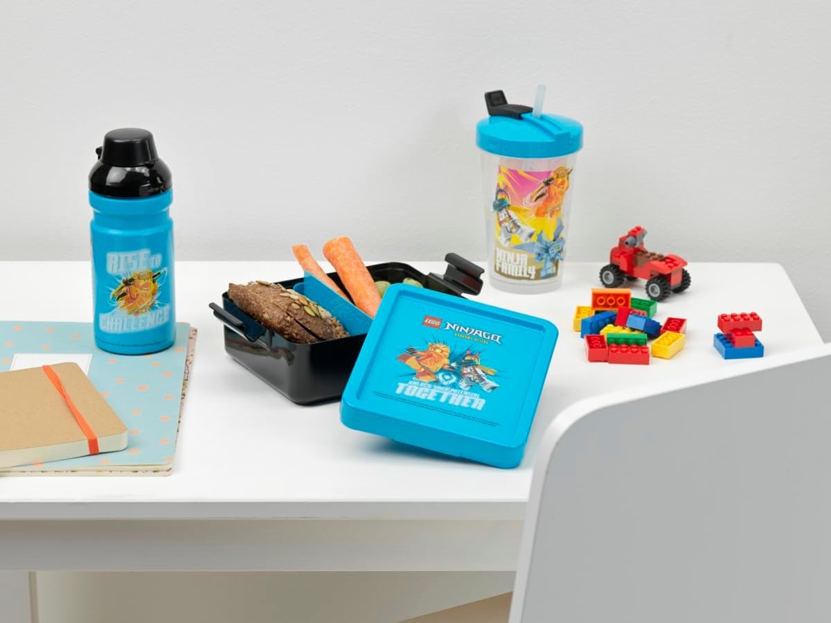 Room Copenhagen LEGO Beker met rietje, leuke en functionele hydratatie voor kinderen, herbruikbaar, geïsoleerde beker met rietje, deksel en Lego Ninjago-afbeeldingen, transparant/azuur