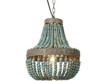 Newrays Retro Loft Vintage Rustieke Ronde Houten Kralen Hanglamp E27 Led Hanglamp Decorverlichting Modern voor Woonkamer Hotel Keuken (Klein Blauw)