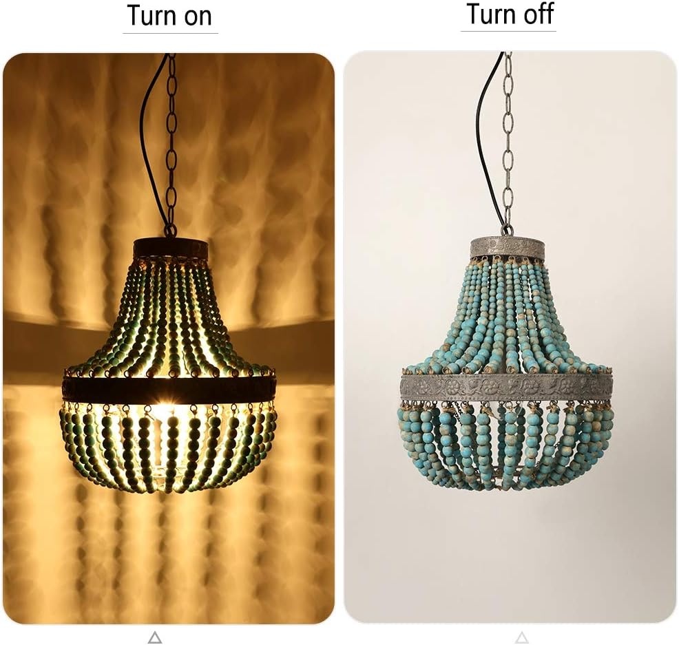 Newrays Retro Loft Vintage Rustieke Ronde Houten Kralen Hanglamp E27 Led Hanglamp Decorverlichting Modern voor Woonkamer Hotel Keuken (Klein Blauw)