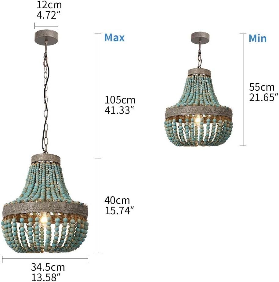 Newrays Retro Loft Vintage Rustieke Ronde Houten Kralen Hanglamp E27 Led Hanglamp Decorverlichting Modern voor Woonkamer Hotel Keuken (Klein Blauw)