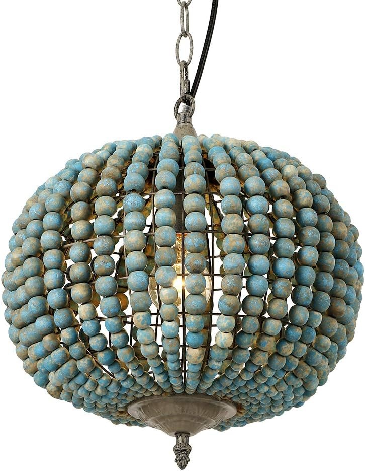 Newrays Retro Loft Vintage Rustieke Ronde Houten Kralen Hanglamp E27 Led Hanglamp Decorverlichting Modern voor Woonkamer Hotel Keuken (Klein Blauw)