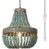 Newrays Retro Loft Vintage Rustieke Ronde Houten Kralen Hanglamp E27 Led Hanglamp Decorverlichting Modern voor Woonkamer Hotel Keuken (Klein Blauw)