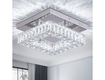 Kristallen kroonluchter LED plafondlamp mini moderne kristallen vierkante flush mount plafondlamp LED voor hal keuken foyer eetkamer, dia 9,8 inch, 18 W 6000 K