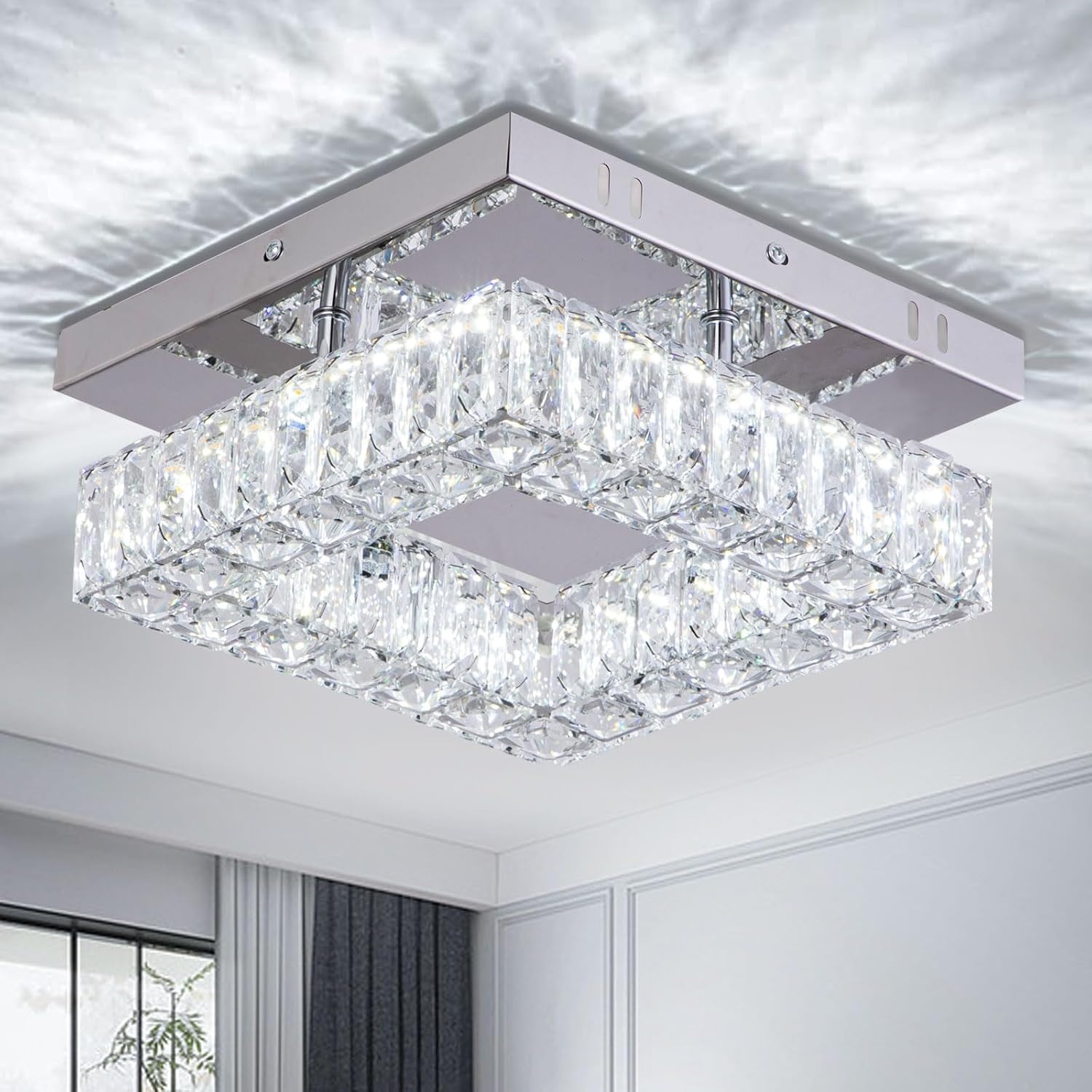 Kristallen kroonluchter LED plafondlamp mini moderne kristallen vierkante flush mount plafondlamp LED voor hal keuken foyer eetkamer, dia 9,8 inch, 18 W 6000 K