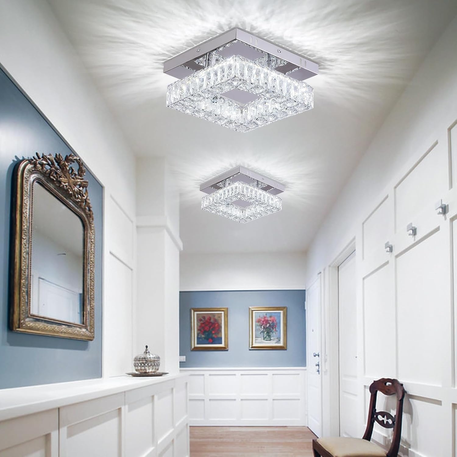 Kristallen kroonluchter LED plafondlamp mini moderne kristallen vierkante flush mount plafondlamp LED voor hal keuken foyer eetkamer, dia 9,8 inch, 18 W 6000 K