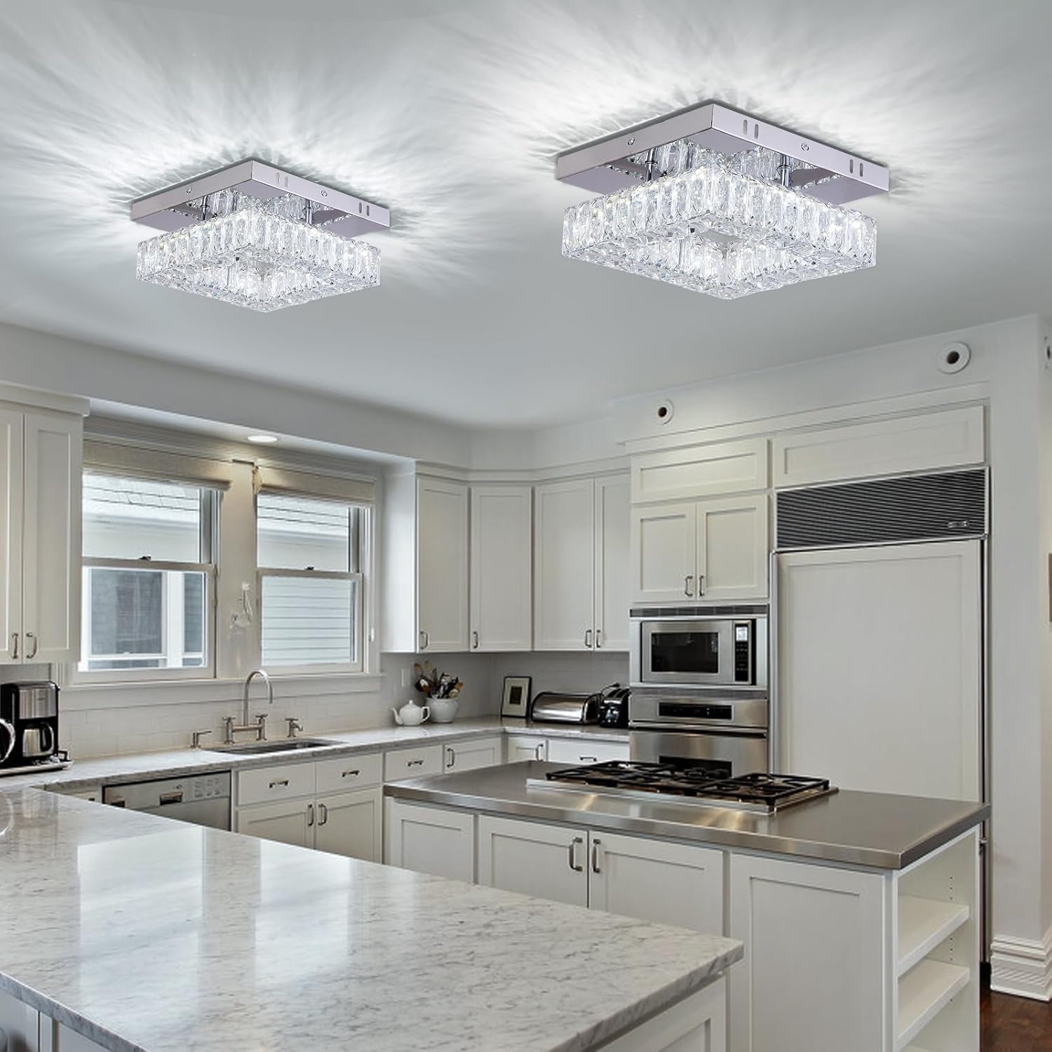 Kristallen kroonluchter LED plafondlamp mini moderne kristallen vierkante flush mount plafondlamp LED voor hal keuken foyer eetkamer, dia 9,8 inch, 18 W 6000 K