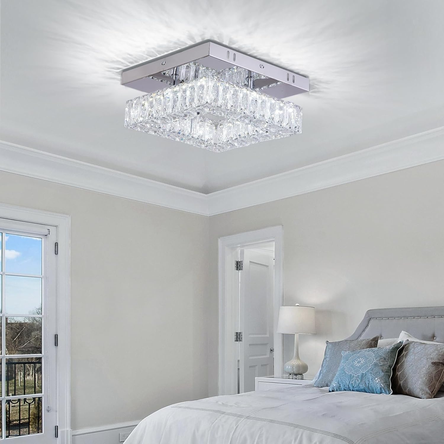 Kristallen kroonluchter LED plafondlamp mini moderne kristallen vierkante flush mount plafondlamp LED voor hal keuken foyer eetkamer, dia 9,8 inch, 18 W 6000 K