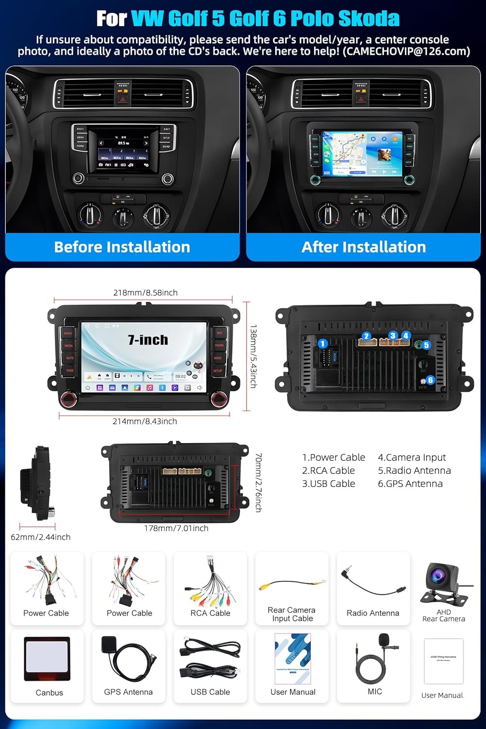 CAMECHO Android Radio met Navigatie voor VW Golf 6 Golf 5 T5 Skoda Seat Polo Caddy,7 Inch Scherm autoradio 2 DIN met Bluetooth FM RDS WIFI Mirror Link+Canbus