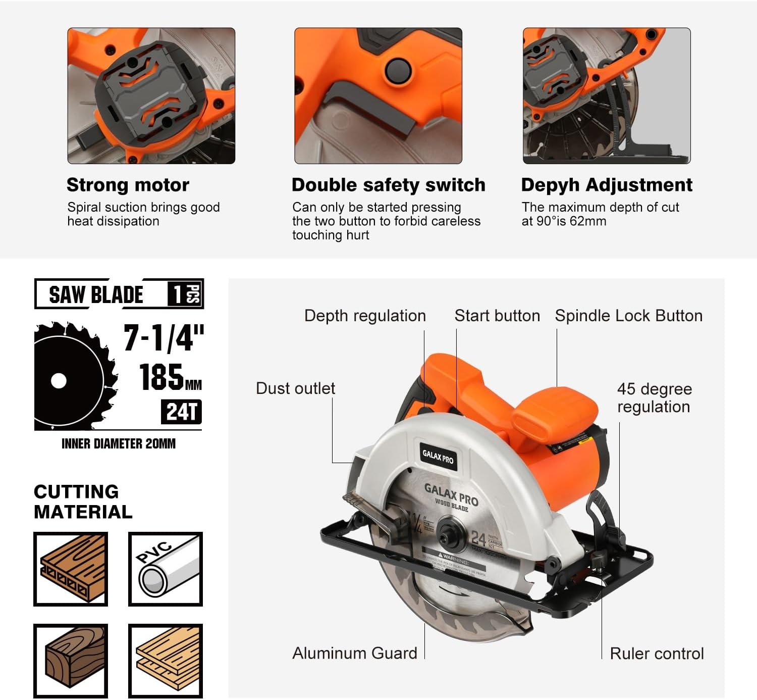 GALAX PRO 1400W cirkelzaag met 62mm zaagdiepte