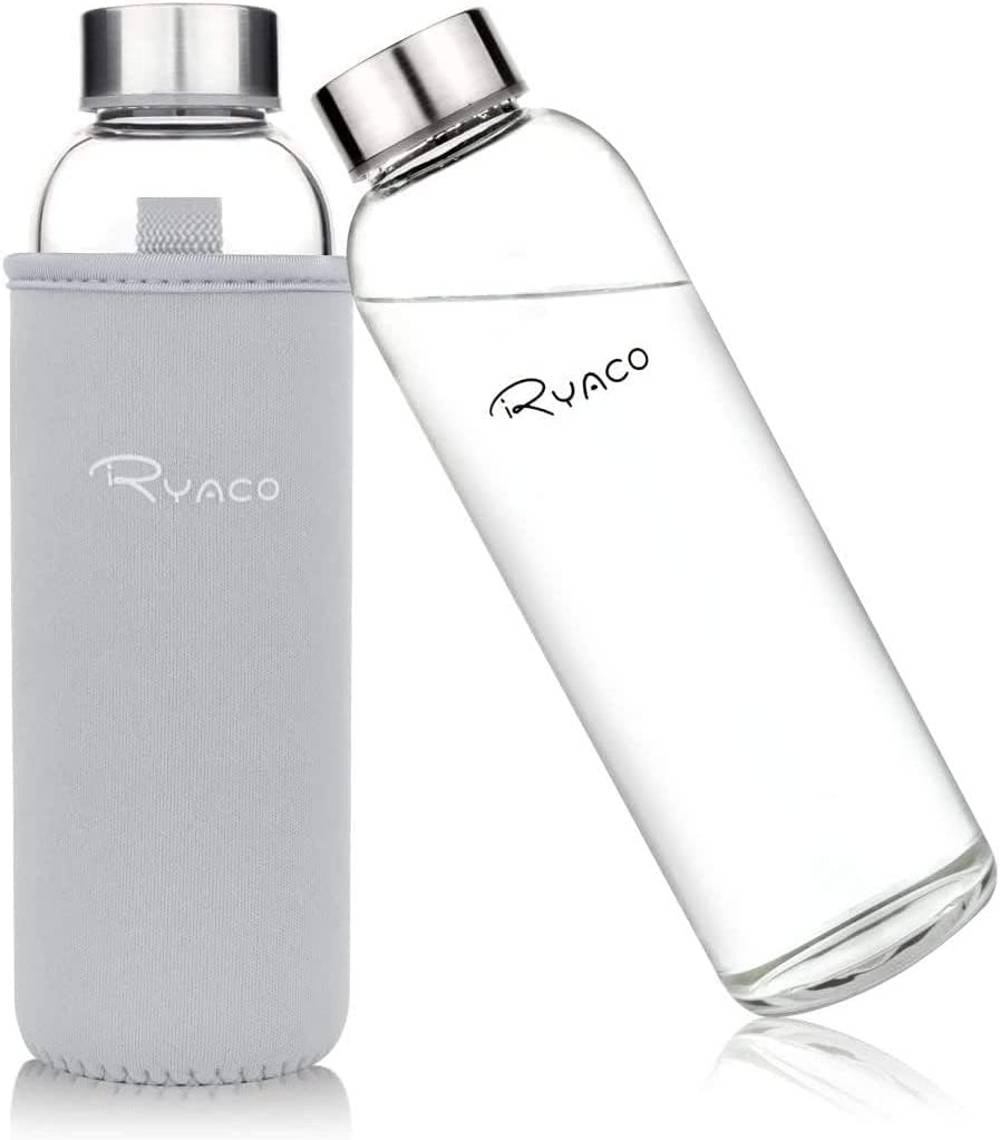 Ryaco Glazen Waterfles 550ml BPA-vrij, Lekvrij Borosilicaat Glas - Grijs