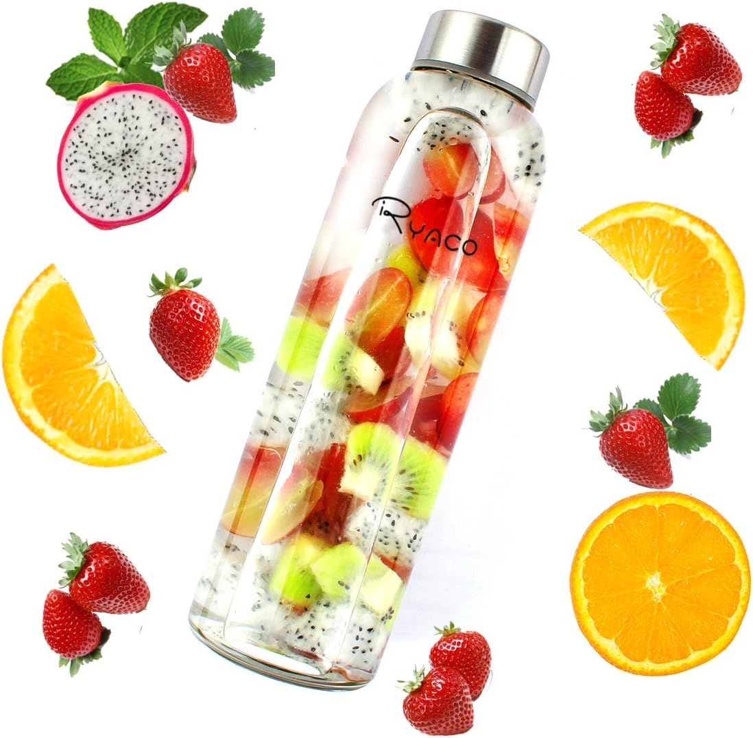 Ryaco Glazen Waterfles 550ml BPA-vrij, Lekvrij Borosilicaat Glas - Grijs