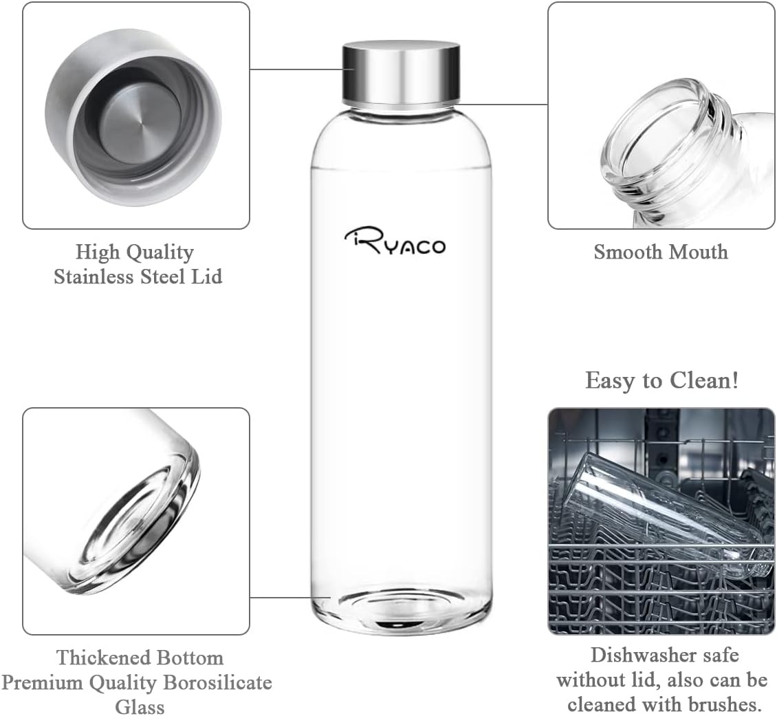 Ryaco Glazen Waterfles 550ml BPA-vrij, Lekvrij Borosilicaat Glas - Grijs