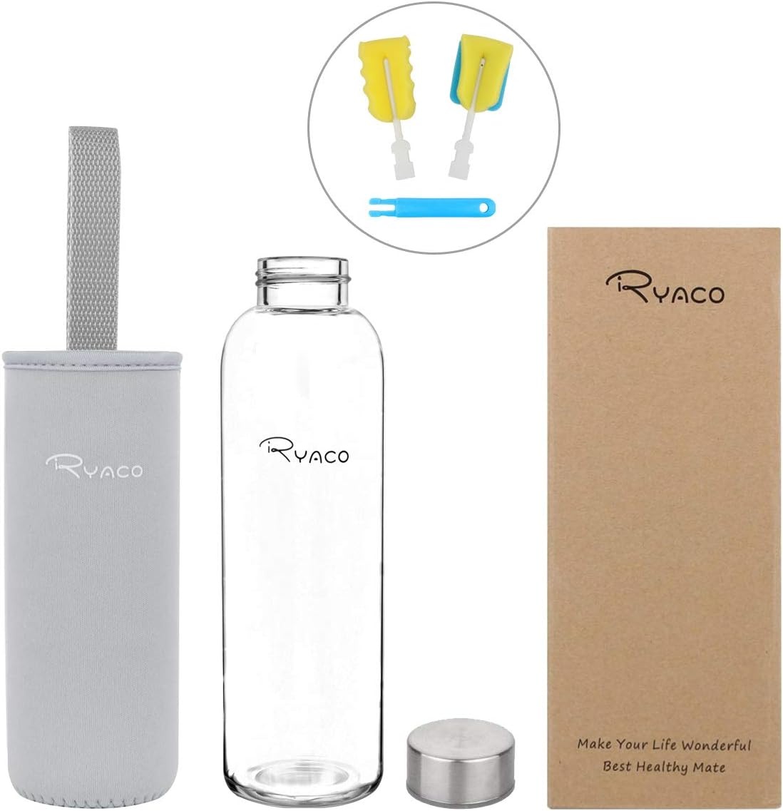 Ryaco Glazen Waterfles 550ml BPA-vrij, Lekvrij Borosilicaat Glas - Grijs