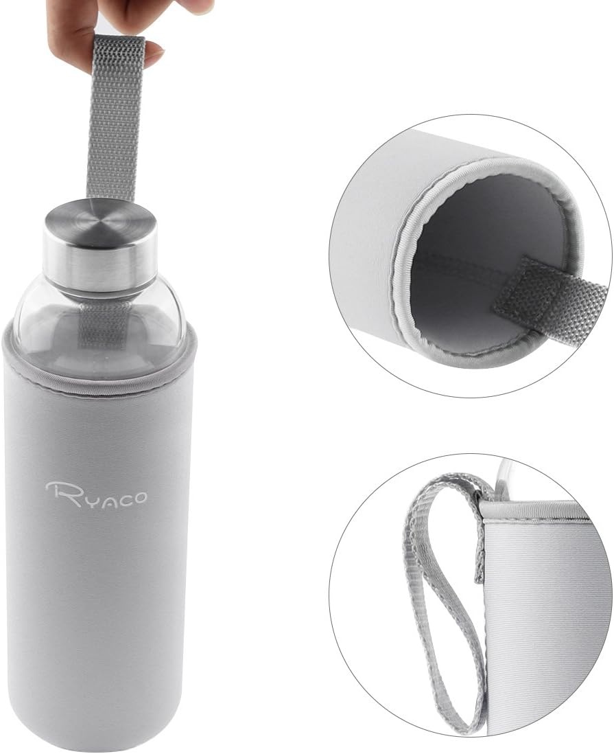 Ryaco Glazen Waterfles 550ml BPA-vrij, Lekvrij Borosilicaat Glas - Grijs