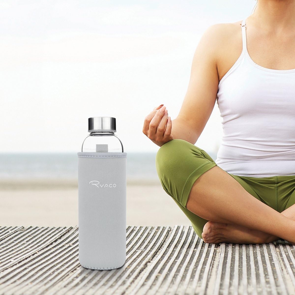 Ryaco Glazen Waterfles 550ml BPA-vrij, Lekvrij Borosilicaat Glas - Grijs